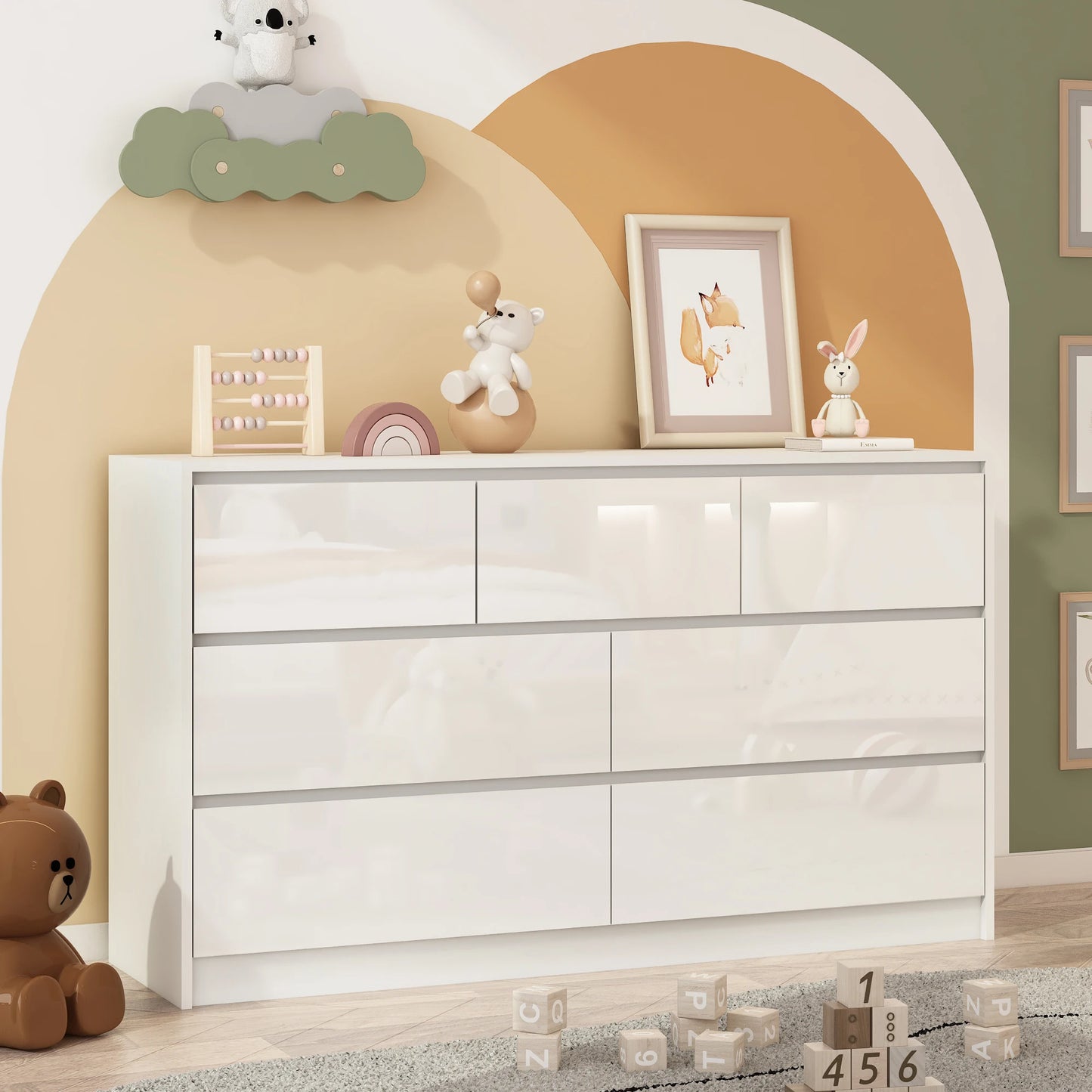 7 Drawer Dresser for Bedroom, 55 Inch Modern Dresser with High Gloss Drawers, Large Wood Chest of Drawer, White/Black