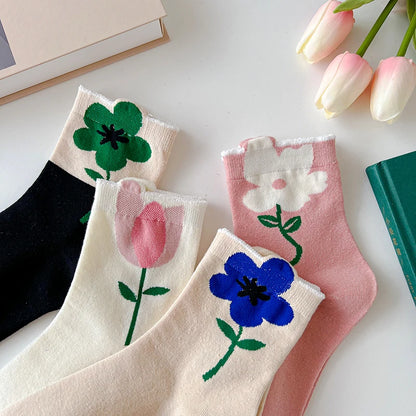 Women Socks Flower Rabbit Pattern Cute Kawaii Japanese Korean Style Cotton Harajuku Funny Breathable Casual Spring Floral Socks
