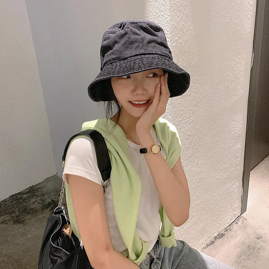 Retro Washed Cowboy Bucket Hat Women Men Wide Brim Sunhat Spring Summer Solid Color Denim Panama Fisherman Cap