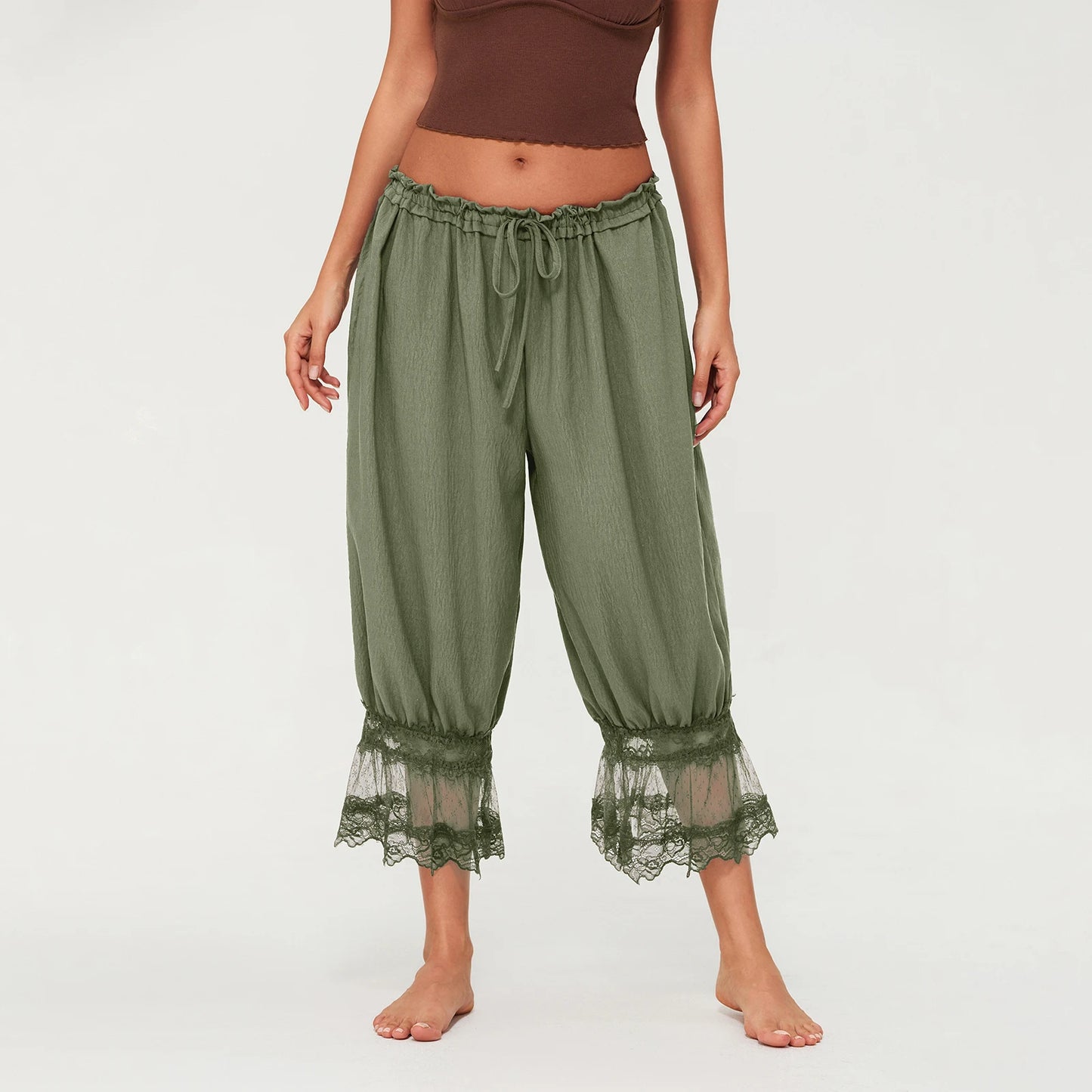 Combhasaki Women's Y2K Loose Fit Bloomers Cropped Pants Drawstring High Waist Floral Lace Patchwork Calf-Length Lantern Trousers