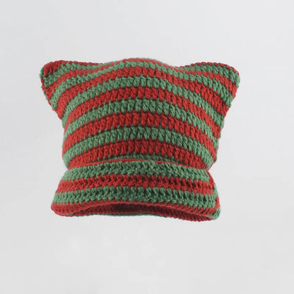 New Japanese Streetwear Harajuku Beanie Little Devil Striped Knitted Hat Women Girls Autumn Winter Cute Cat Ears Cap