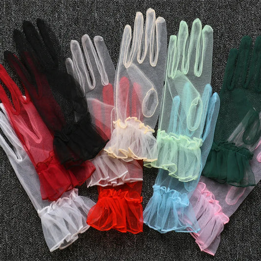 Retro Spring Summer Women Short Tulle Gloves White Black Wedding Gloves Stretchy Lace Full Finger Mittens Mesh Translucent Glove