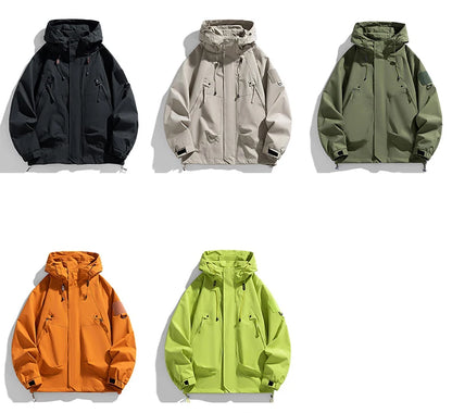 Windbreakers Men Hooded Jacket Zipper Coat Cargo Waterproof Black Bomber Camping Loose Thin Softshell Hooded Hiking Jacket