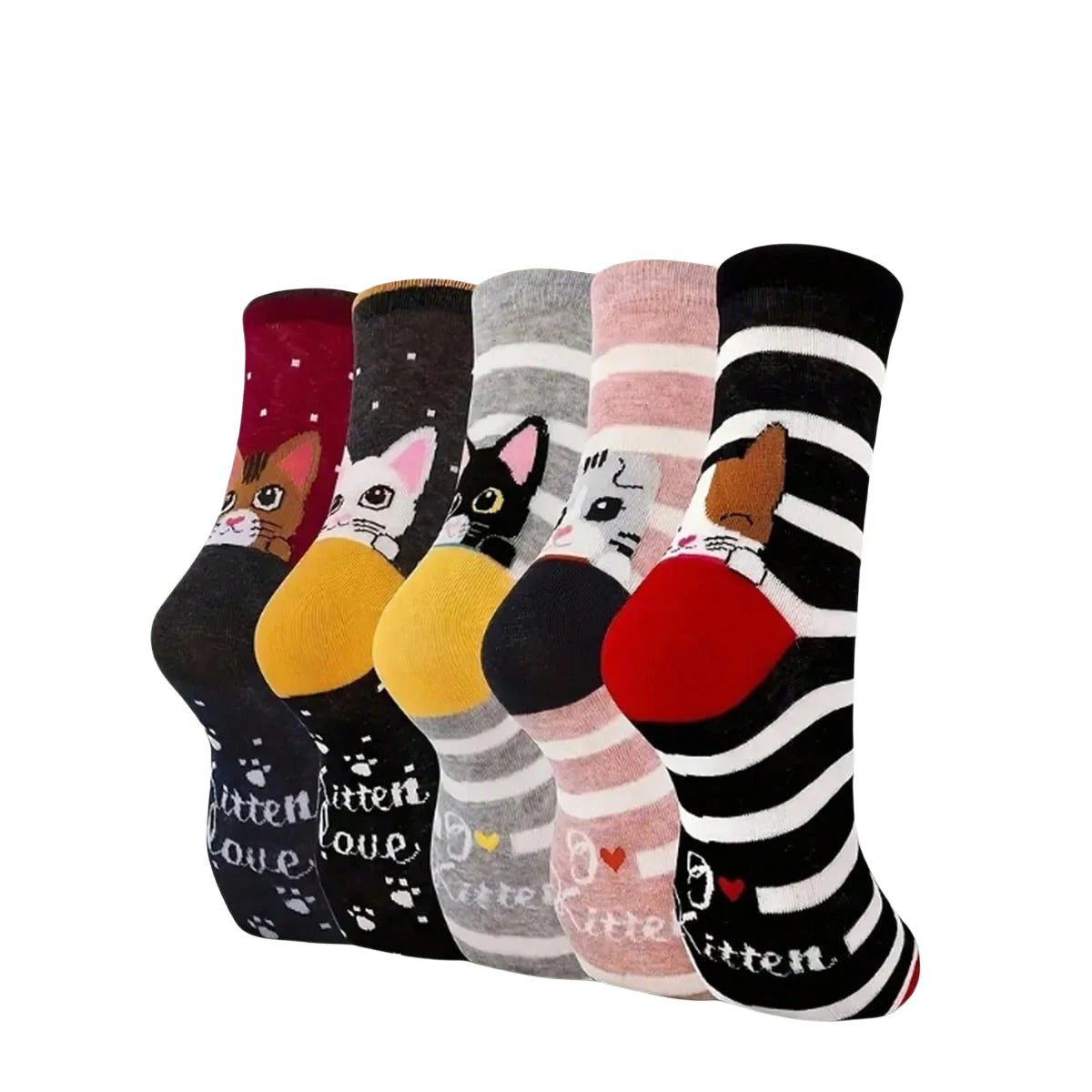 5 Pairs of Cute Cat Socks Women Cartoon Animal Crew Socks Fun Kitten Cotton Socks Gift Colorful Casual Sock Set
