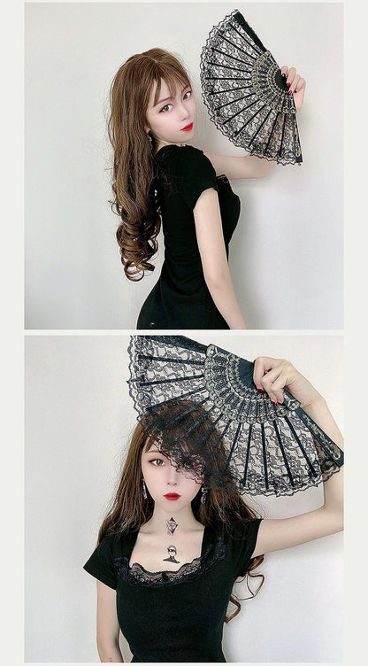 Retro Sexy Lace Fan Summer Dance Performance Photography Photo Props Portable Folding Hand Fan Decorative Fan Chinese Dance Fan