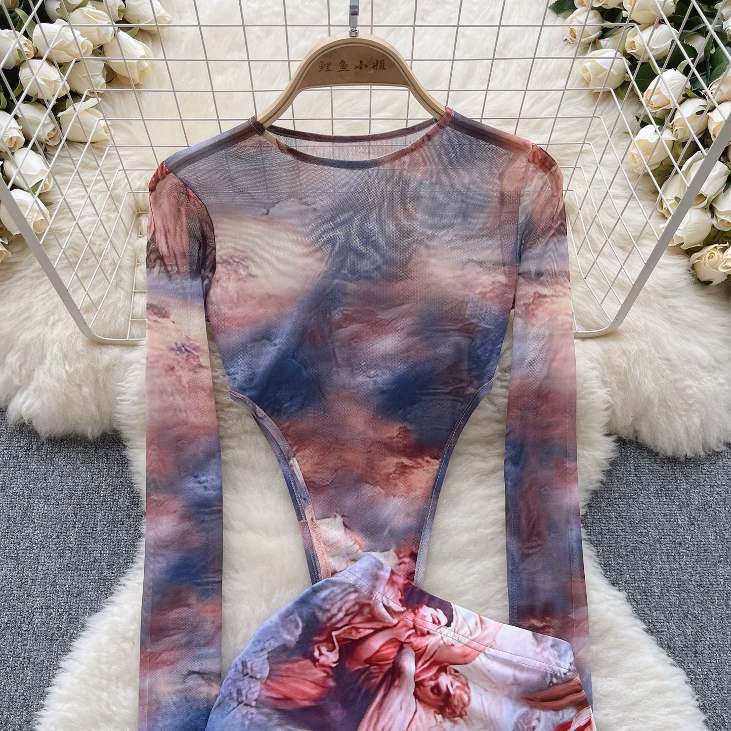 SINGREINY Fashion Hotsweet Two Pieces Suits O Neck Long Sleeved Transparent BodySuit Top+ Skinny Mini Skirt Tie Dye Print Sets