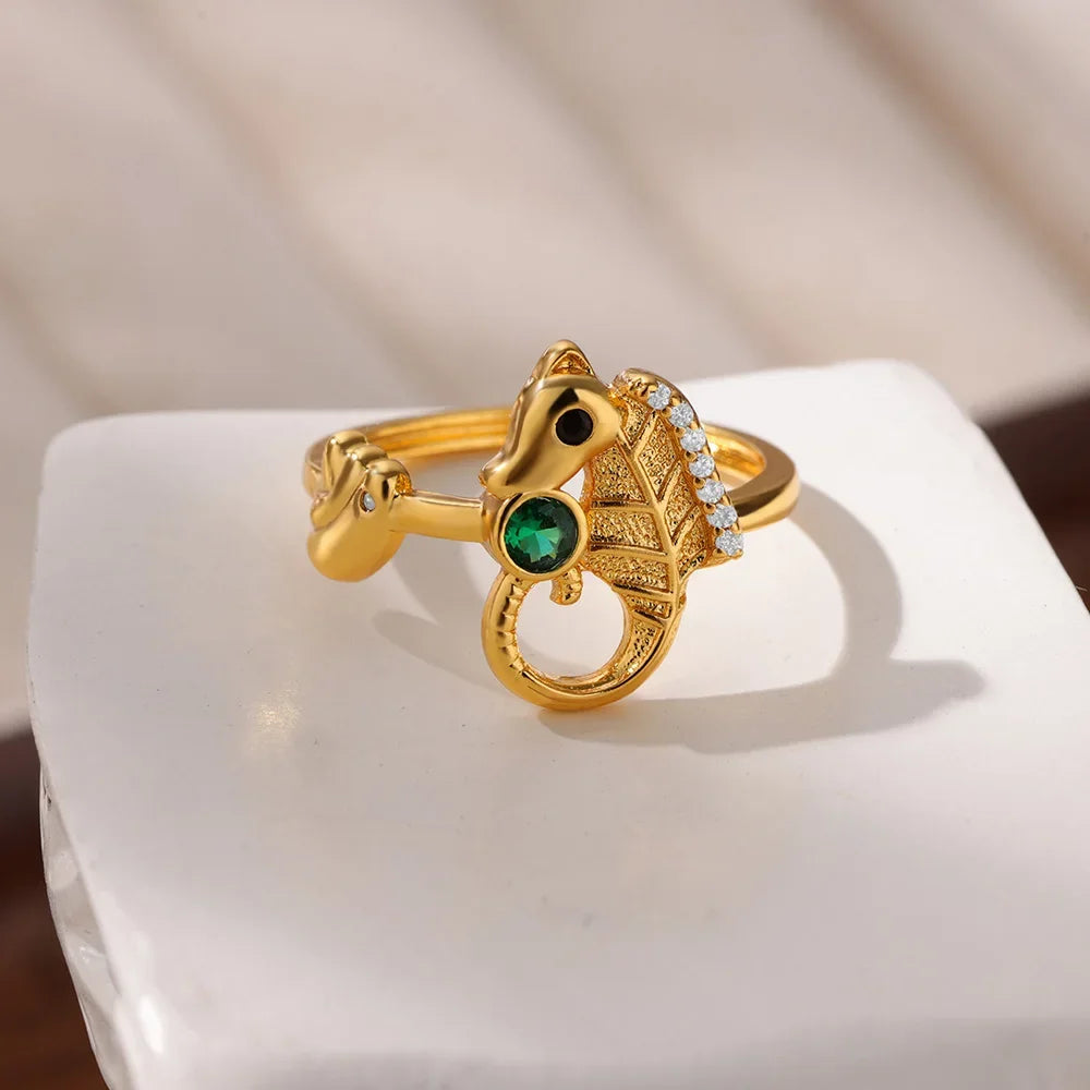 Dainty Zircon Shell Starfish Turtle Evil Eye Rings Stainless Steel Ring Women Anti Fading Golden Charm Jewelry Accessories Gifts