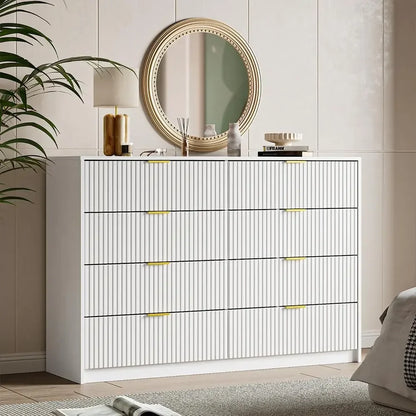 55" Wide Dresser Bedroom, Fluted 8-Drawer Double Dresser with Gold Handles, Modern Tall Chest of Drawers for Bedroom, Dressers