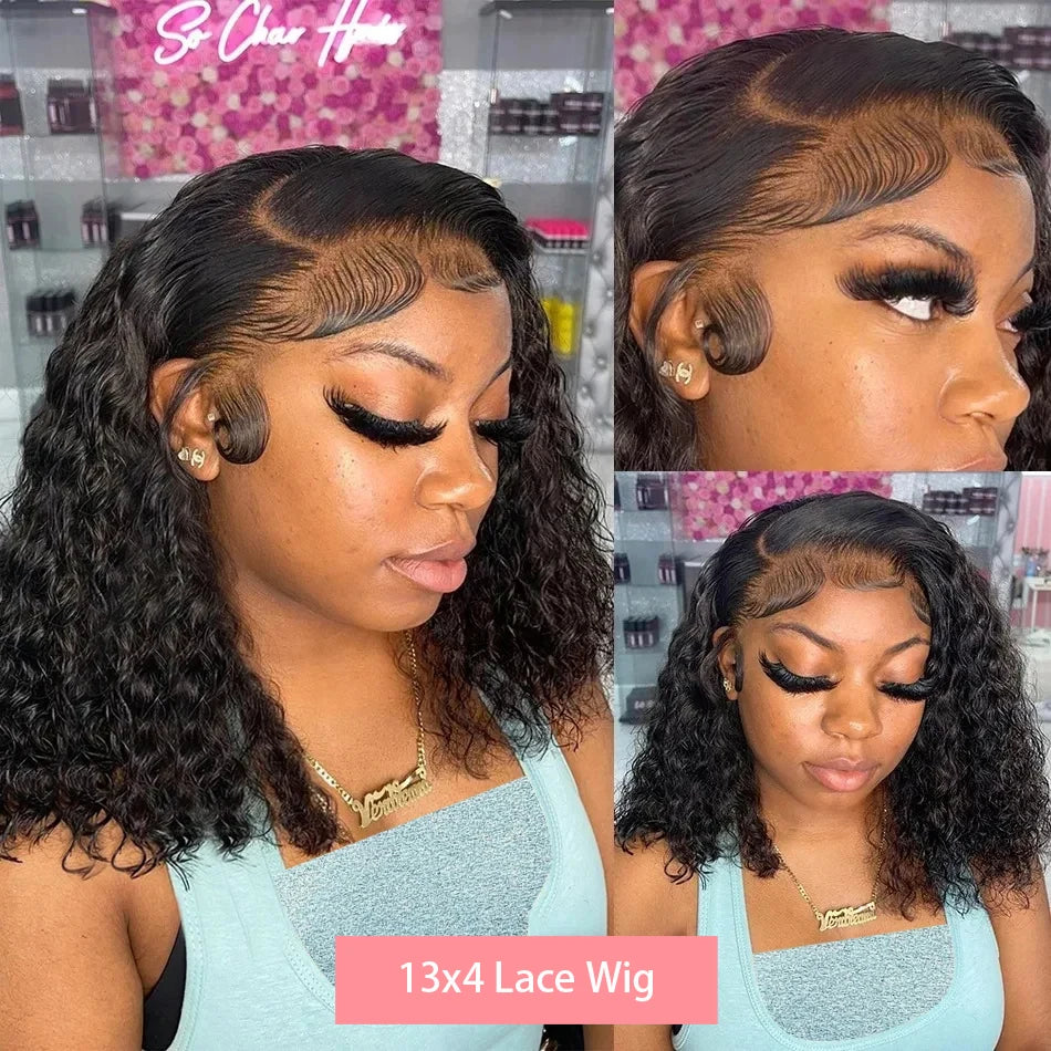 200 Density Short Curly Bob Deep Water Wave Wigs 100% Human Hair 13x4 Transparent Lace Frontal Wig 4x4 Lace Front Wig 12 14 Inch