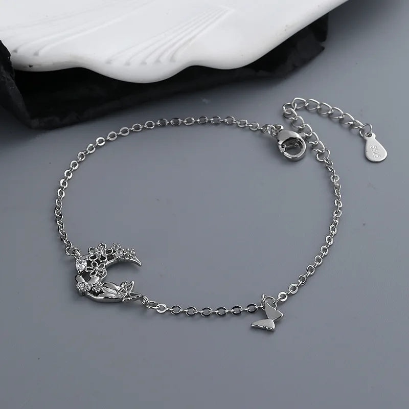 VENTFILLE 925 Sterling Silver Diamond-Studded Butterfly Bracelet Women's Fashion Temperament Flower Adjustable Bracelet