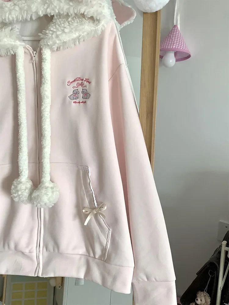 Vintage Kawaii Long Sleeve Loose Coat with Hooded Women Japanese Cute Zipper Sweatshirts Female Casual Y2k Jacket Overcoat Chic