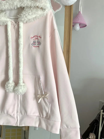 Vintage Kawaii Long Sleeve Loose Coat with Hooded Women Japanese Cute Zipper Sweatshirts Female Casual Y2k Jacket Overcoat Chic