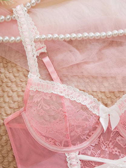 Ellolace Fancy Lace Bodysuit With Long Stocking Lace Up Onlyfan Body Suit Girly Pink Sexy Dames Sexy Top Sissy Lingerie