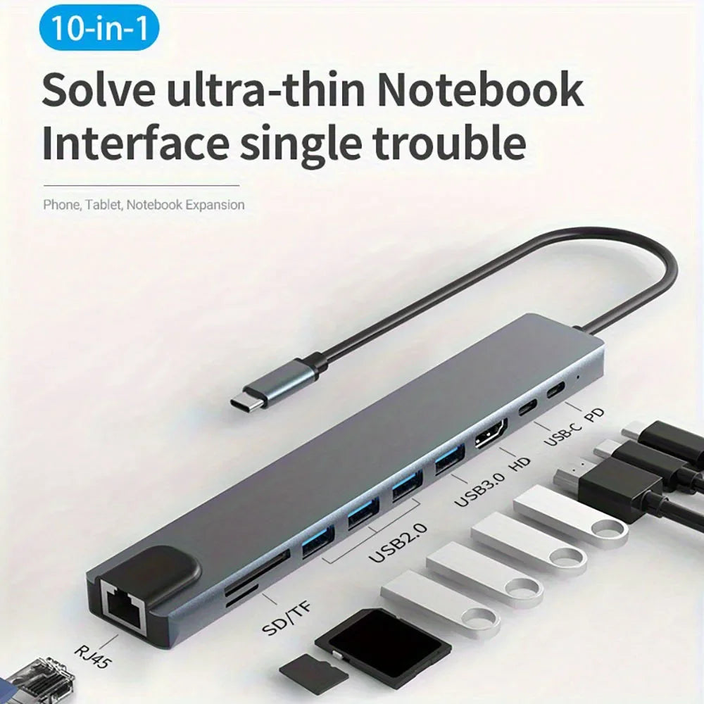 10 in 1 USB C HUB 4K30Hz Docking Station Type C to HDTV-Compatible RJ45 Ethernet PD100W for MacBook iPad Huawei Sumsang Phone