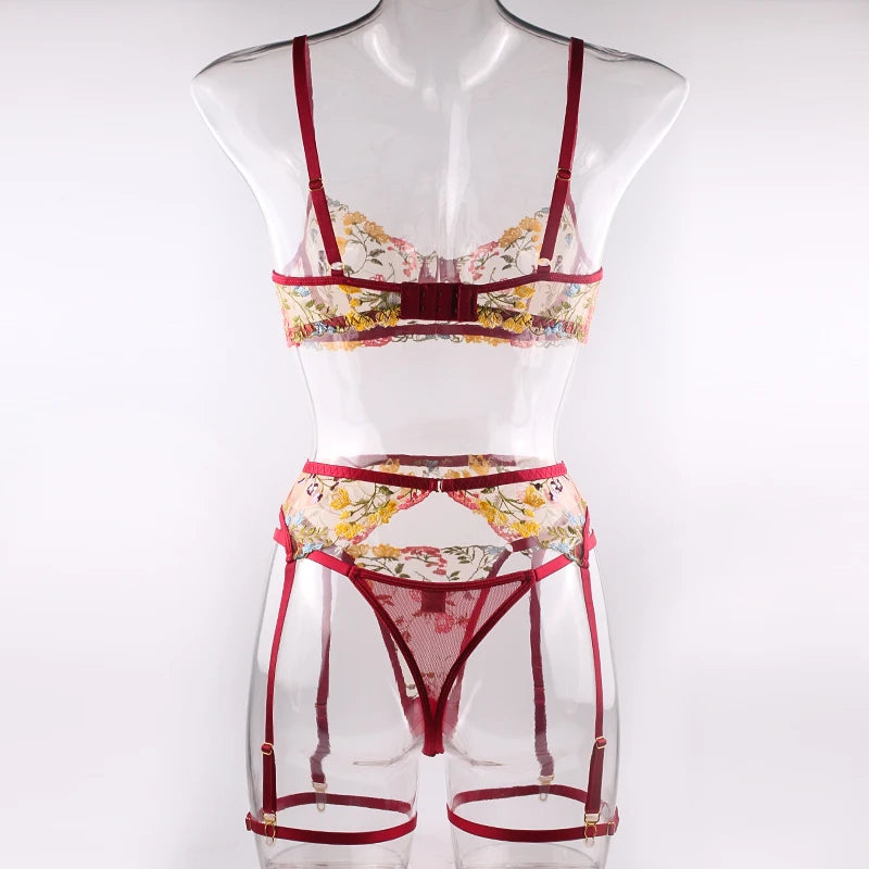 Ellolace Lingerie Sensual Lace Underwear Transparent Embroidery 3-Piece Garters Fancy Beautiful Short Skin Care Kits Intimate