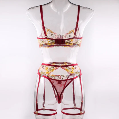 Ellolace Lingerie Sensual Lace Underwear Transparent Embroidery 3-Piece Garters Fancy Beautiful Short Skin Care Kits Intimate