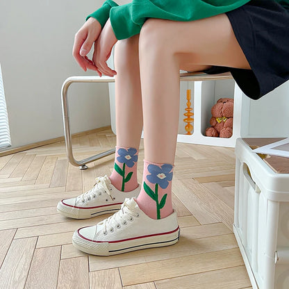 Women Socks Flower Rabbit Pattern Cute Kawaii Japanese Korean Style Cotton Harajuku Funny Breathable Casual Spring Floral Socks