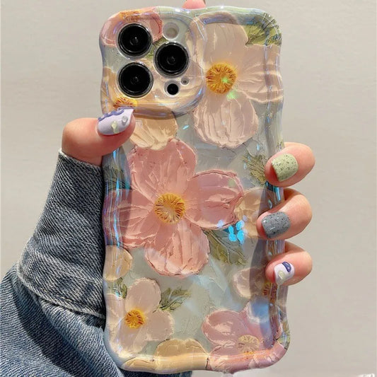 1 PC Luxury Laser Oil Painting Flowers Phone Cases For iPhone 16 15 14 13 12 11 Pro Max Plus