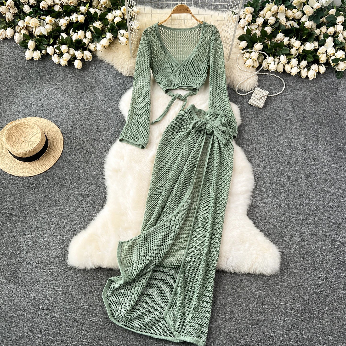 SINGREINY Vacation Two Piece Set Women Long Sleeve V Neck Short Top Adjustable Waist Split Long Skirt Knit Summer Beach Suit