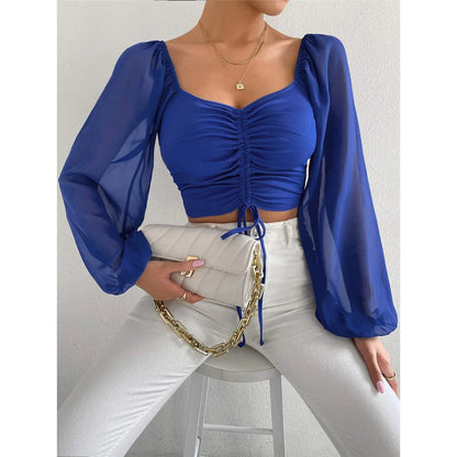 S-3XL Mesh Lantern Sleeves Drawstring Wrap Chest Bare Midriff T-Shirt Women Long Sleeve Ruched Blouse Sexy Crop Top Tee K5995