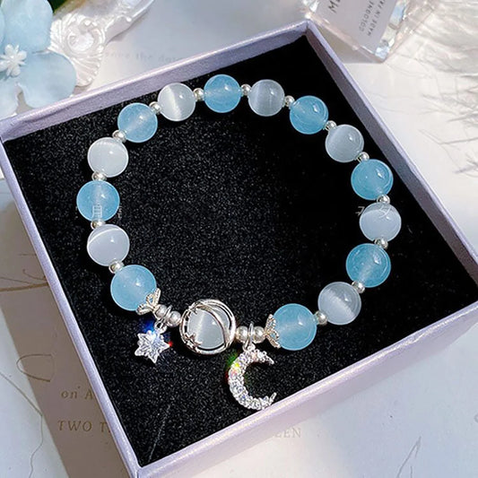 Princess Girls Star Moon Bracelet Blue Purple Color Opal Stone Bracelet for Kids Shiny Crystal Bracelets Wristband Jewelry Gift