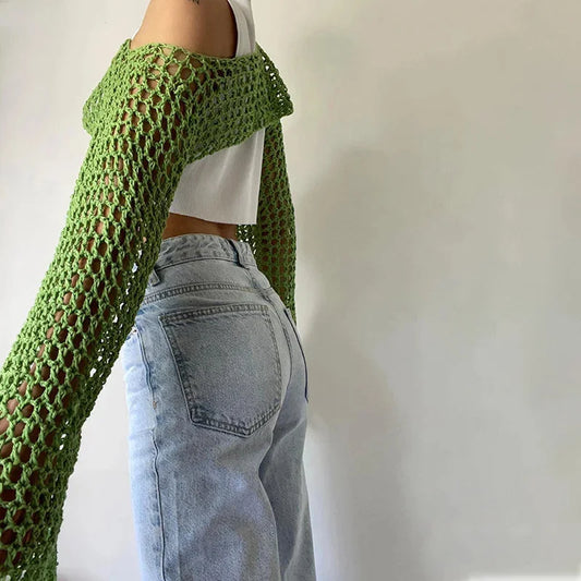 Summer Green Long Sleeve Smock Knitted Crop Top Women Y2k Beach Sexy Backless Hollow Out Party Blouse Shirts