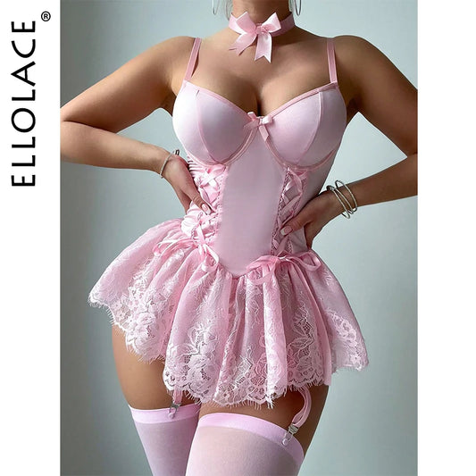 Ellolace Fancy Sexy Lingerie Girly Pink Corset Dress With Stocking g-String Tightening Matching 5-Piece Sissy Lace Onlyfans Kit