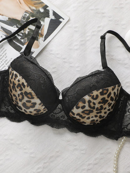 Ladies Leopard Print Lace Bralette Sexy With Steel Ring Lingerie Comfortable Lifting Underwear Triangle Underwear Set B2076