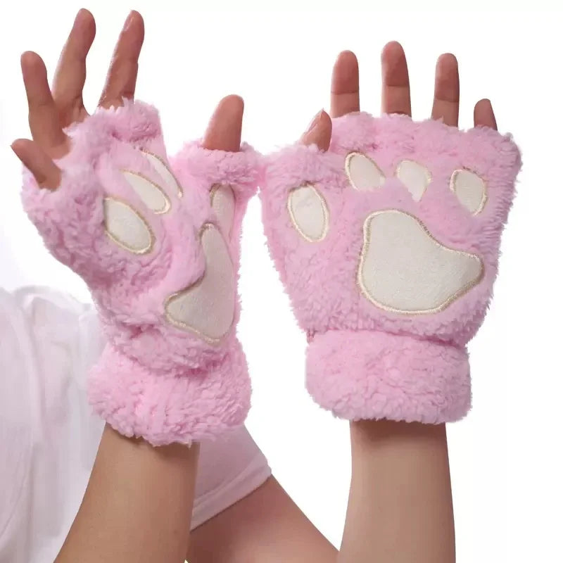 Lovely Plush Cat Claw Paw Gloves Plush Mittens Warm Soft Plush Short Fingerless Fluffy Bear Gloves Costume Half Finger Gloves