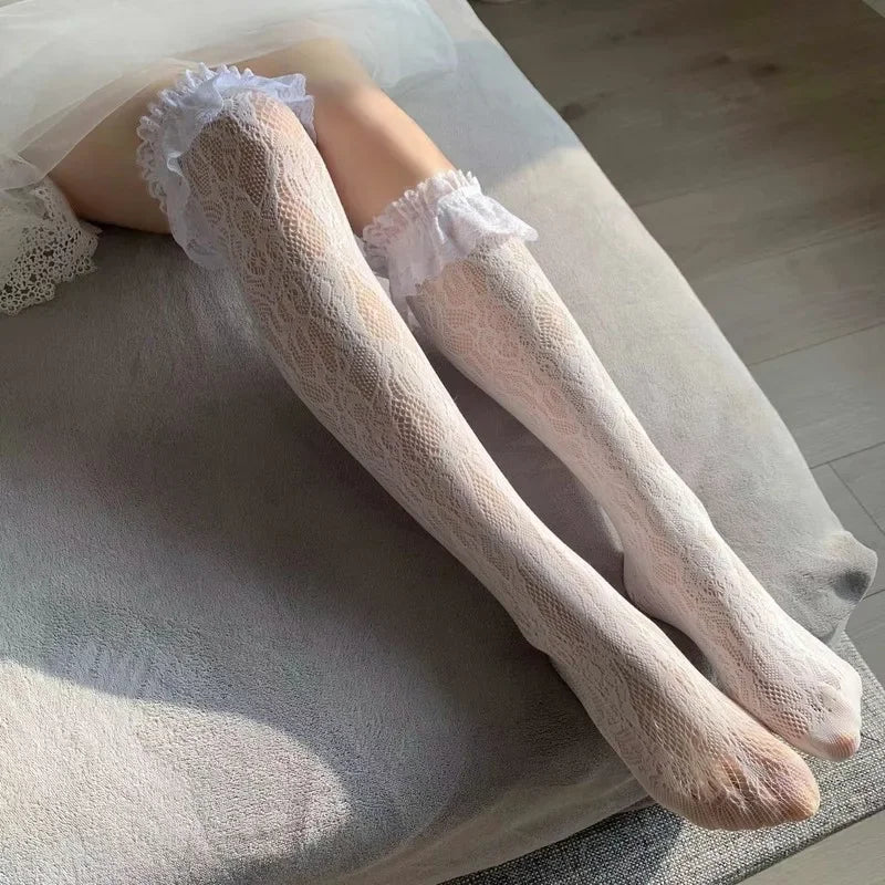 Women Sexy Lace Top Floral Rattan Fishnet Stockings Long Tube Mesh Over Knee Body Stockings Thigh High Hosiery Goth Long Socks