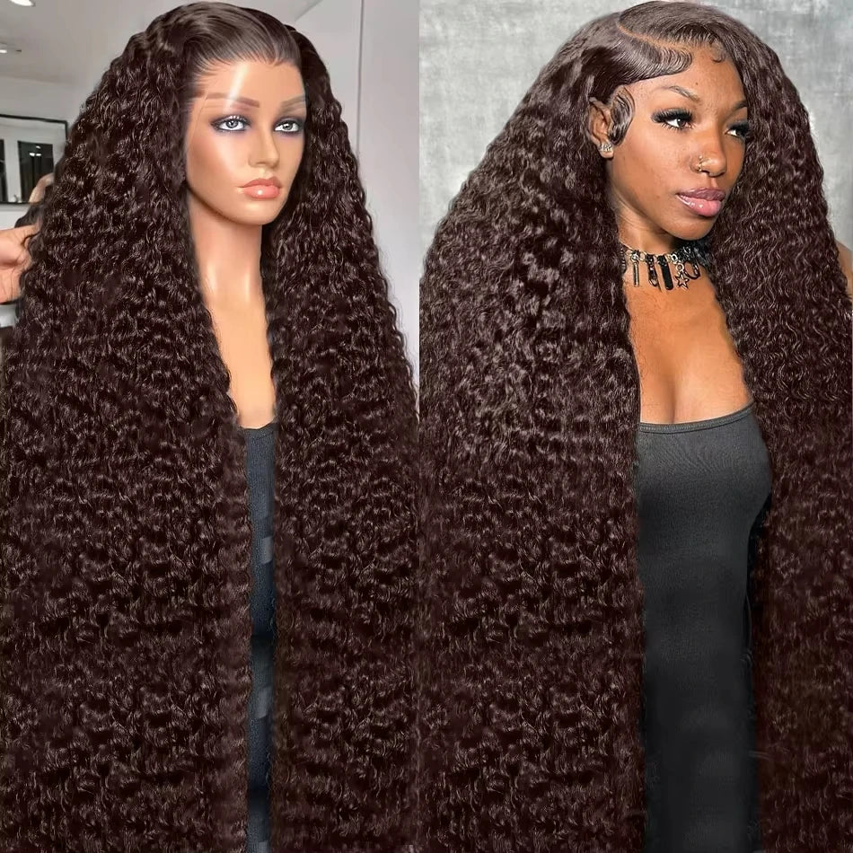 200% Chocolate Brown Deep Wave Human Hair Wig 30 34Inch Transparent Lace Frontal Wigs For Women 13x6 Lace Front Water Curly Wigs