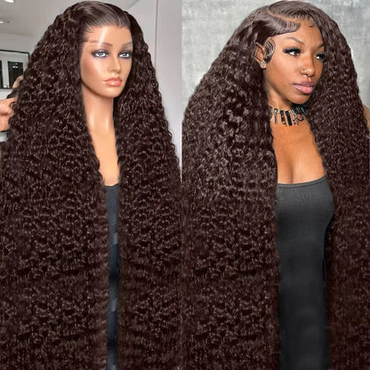 200% Chocolate Brown Deep Wave Human Hair Wig 30 34Inch Transparent Lace Frontal Wigs For Women 13x6 Lace Front Water Curly Wigs