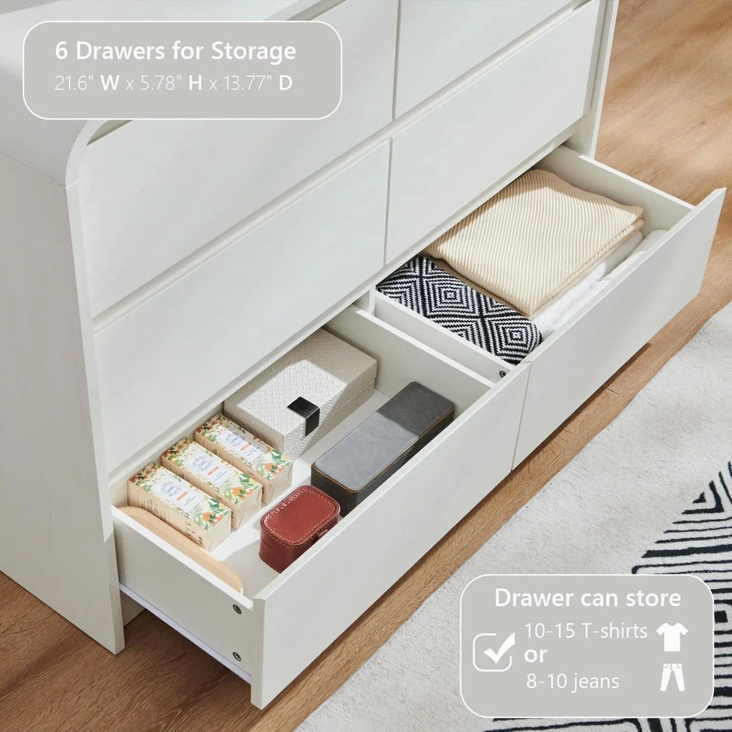 Modern 6 Drawers Dresser, 47" Wide Wood Dressers & Chests of Drawers w/Curved Profile Design, Natural Texture for Bedroom.