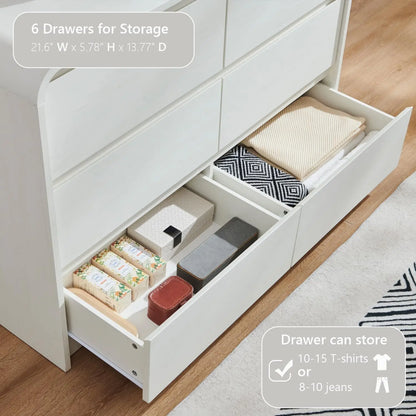 Modern 6 Drawers Dresser, 47" Wide Wood Dressers & Chests of Drawers w/Curved Profile Design, Natural Texture for Bedroom.