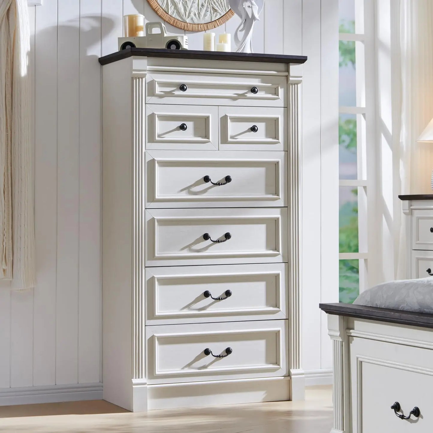 Farmhouse 7 drawer dresser, 57" large Roman column chest of drawers, bedroom, hallway, living room storage dresser.
