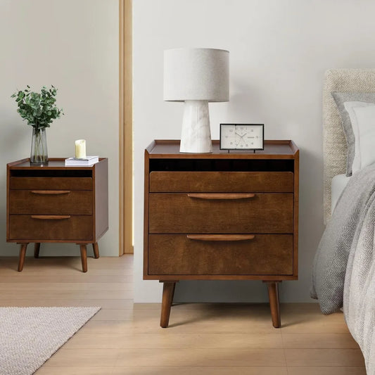 Nightstand with Charging Station, Mid-Century Modern Bedside Tables with Wood Legs, Wood Night Stand with Pull-Out Shelf