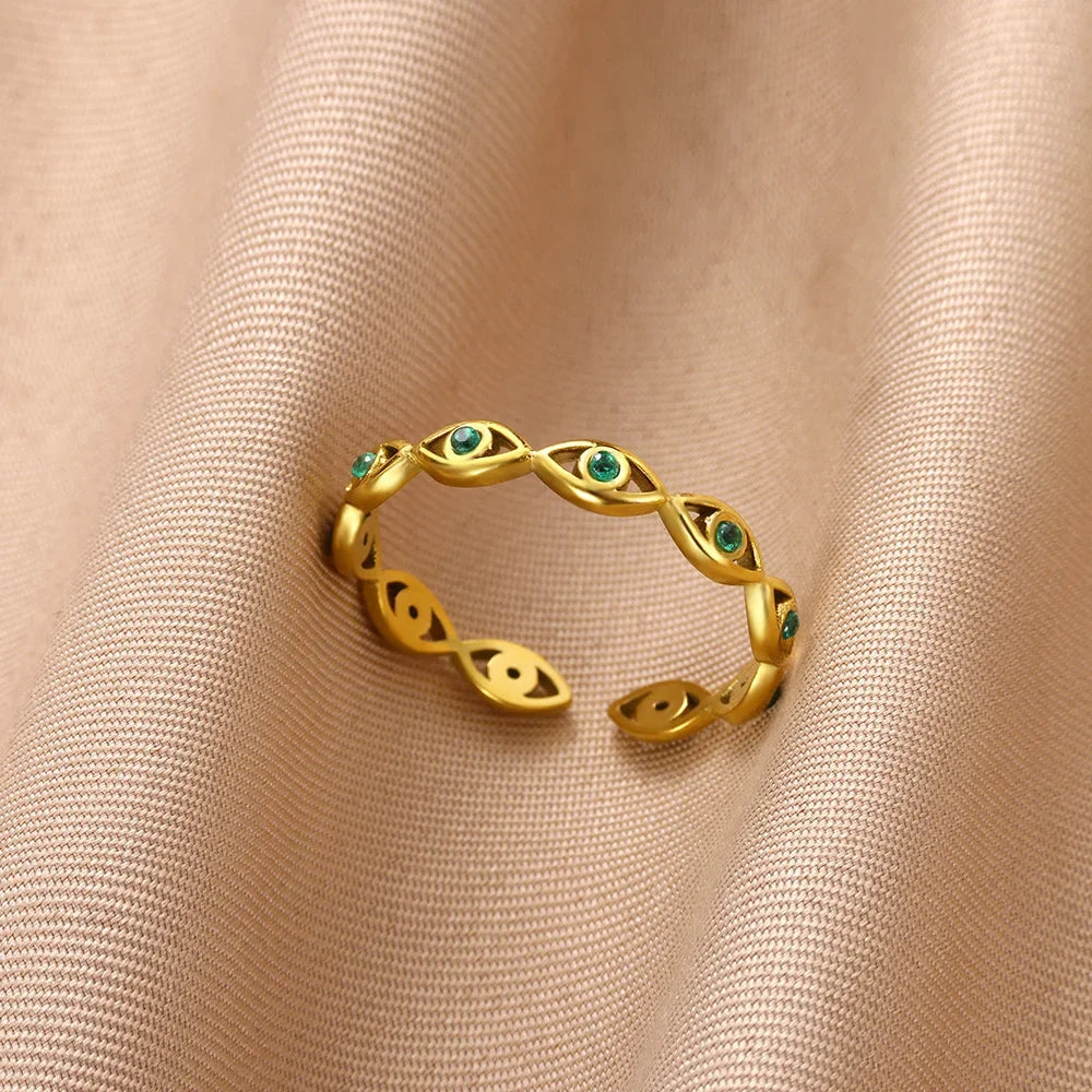 Dainty Zircon Shell Starfish Turtle Evil Eye Rings Stainless Steel Ring Women Anti Fading Golden Charm Jewelry Accessories Gifts