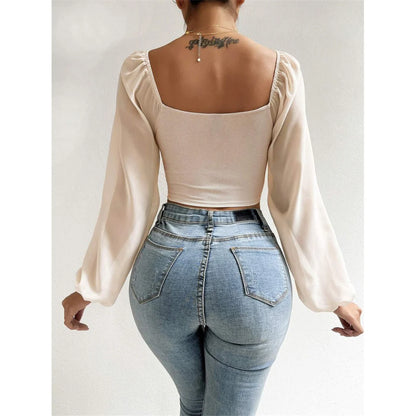 S-3XL Mesh Lantern Sleeves Drawstring Wrap Chest Bare Midriff T-Shirt Women Long Sleeve Ruched Blouse Sexy Crop Top Tee K5995