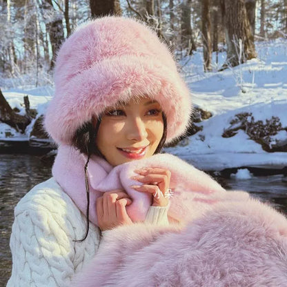 2024 Fluffy Faux Fur Bucket Hats Women Rabbit Fur Warm Thick Plush Winter Hat Lady Fashion Luxury Panama Furry Fisherman Cap Y2k