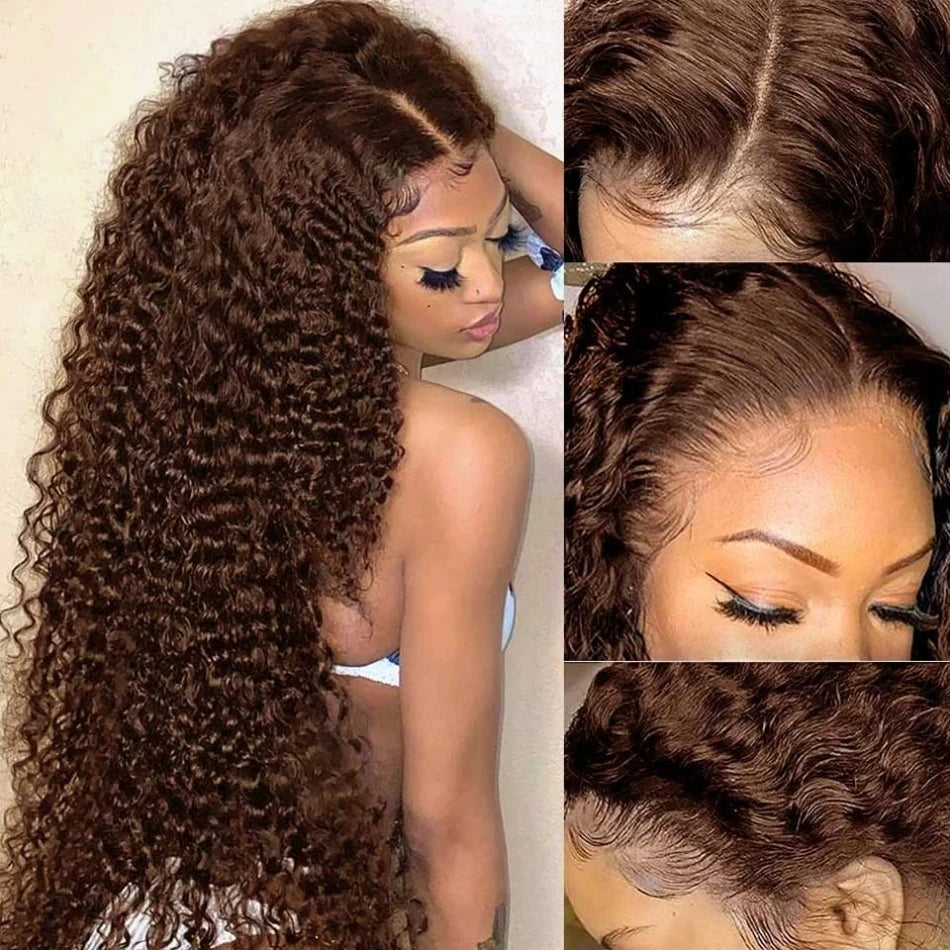 200% Chocolate Brown Deep Wave Human Hair Wig 30 34Inch Transparent Lace Frontal Wigs For Women 13x6 Lace Front Water Curly Wigs