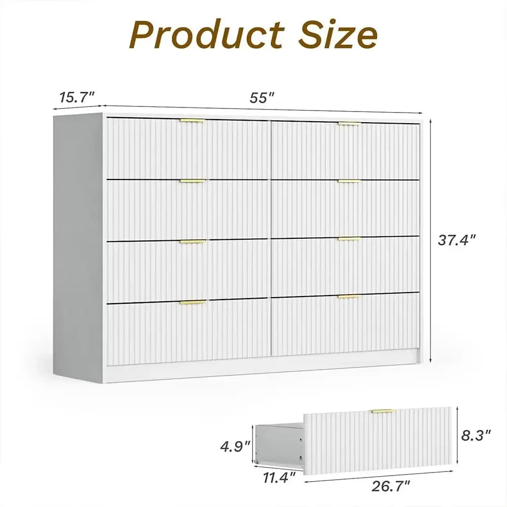 55" Wide Dresser Bedroom, Fluted 8-Drawer Double Dresser with Gold Handles, Modern Tall Chest of Drawers for Bedroom, Dressers