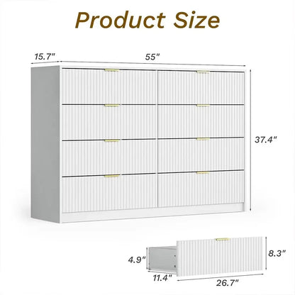 55" Wide Dresser Bedroom, Fluted 8-Drawer Double Dresser with Gold Handles, Modern Tall Chest of Drawers for Bedroom, Dressers