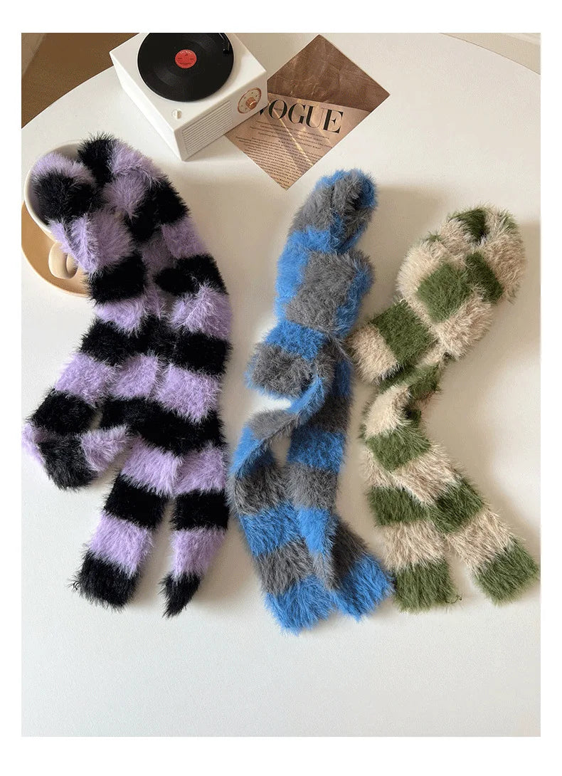 Striped Plush Scarf Women's Niche Design Sense Spice Girl Versatile Decoration Korean Version Thin and Narrow Long Scarf