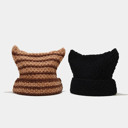 New Japanese Streetwear Harajuku Beanie Little Devil Striped Knitted Hat Women Girls Autumn Winter Cute Cat Ears Cap