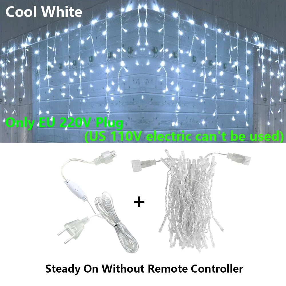 3.5-40M LED Icicle String Lights Christmas Curtain Fairy Lights Garland Remote Outdoor For New Year Wedding Street Holiday Decor