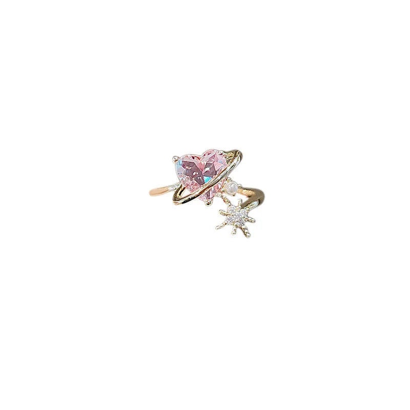 2024 Korean New Exquisite Lovely Pink Love Opening Ring Fashion Temperament Versatile Ring Female Jewelry