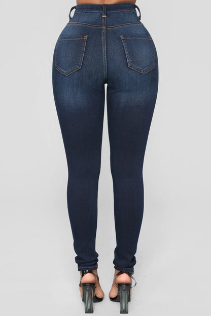 Women High Waist Stretch Hip Lift Denim Skinny Pants Jeans Full Length Sexy Slim Bleachded Solid Color Pants