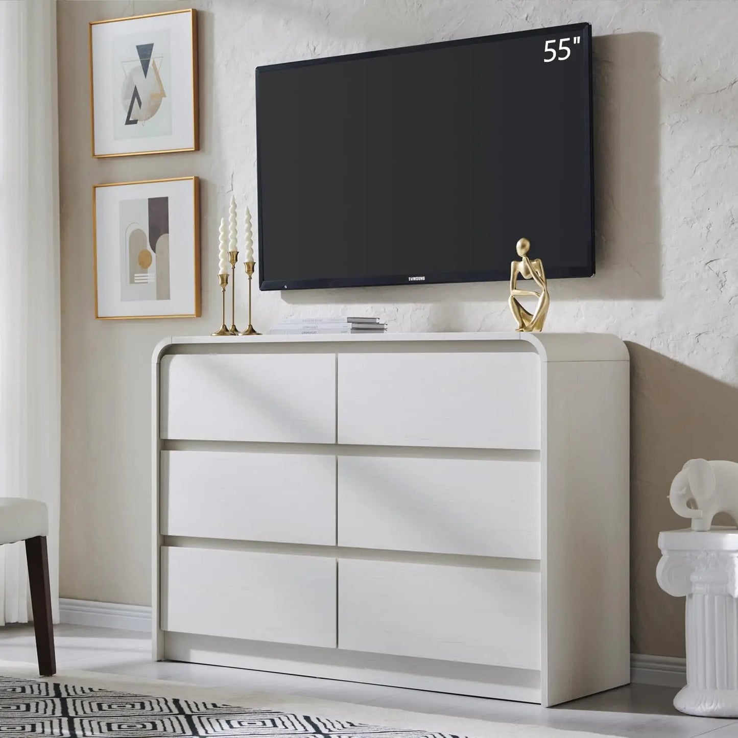 Modern 6 Drawers Dresser, 47" Wide Wood Dressers & Chests of Drawers w/Curved Profile Design, Natural Texture for Bedroom.