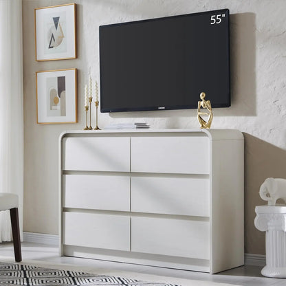 Modern 6 Drawers Dresser, 47" Wide Wood Dressers & Chests of Drawers w/Curved Profile Design, Natural Texture for Bedroom.