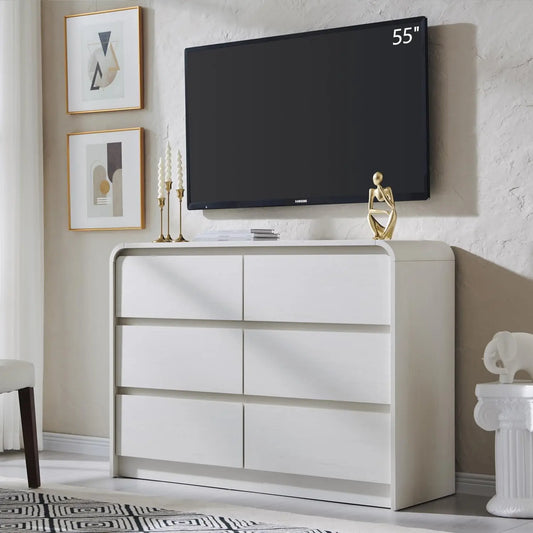 Modern 6 Drawers Dresser, 47" Wide Wood Dressers & Chests of Drawers w/Curved Profile Design, Natural Texture for Bedroom.